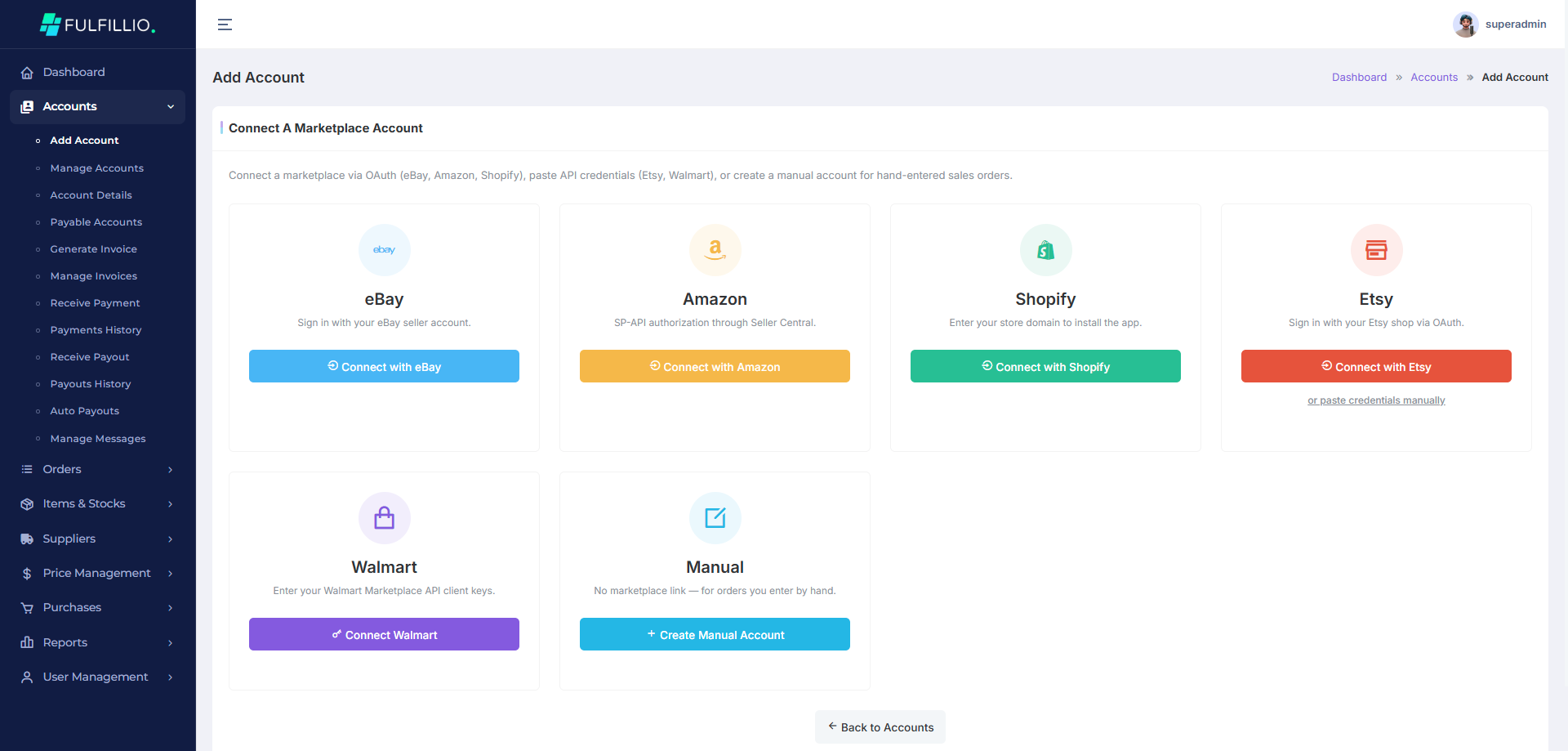 Fulfillio Add Account screen showing marketplace connection options including Amazon