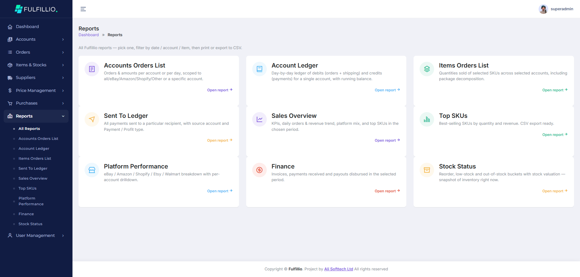 Fulfillio reports library showing accounts orders list, account ledger, sent to ledger, platform performance and finance reports scoped by account