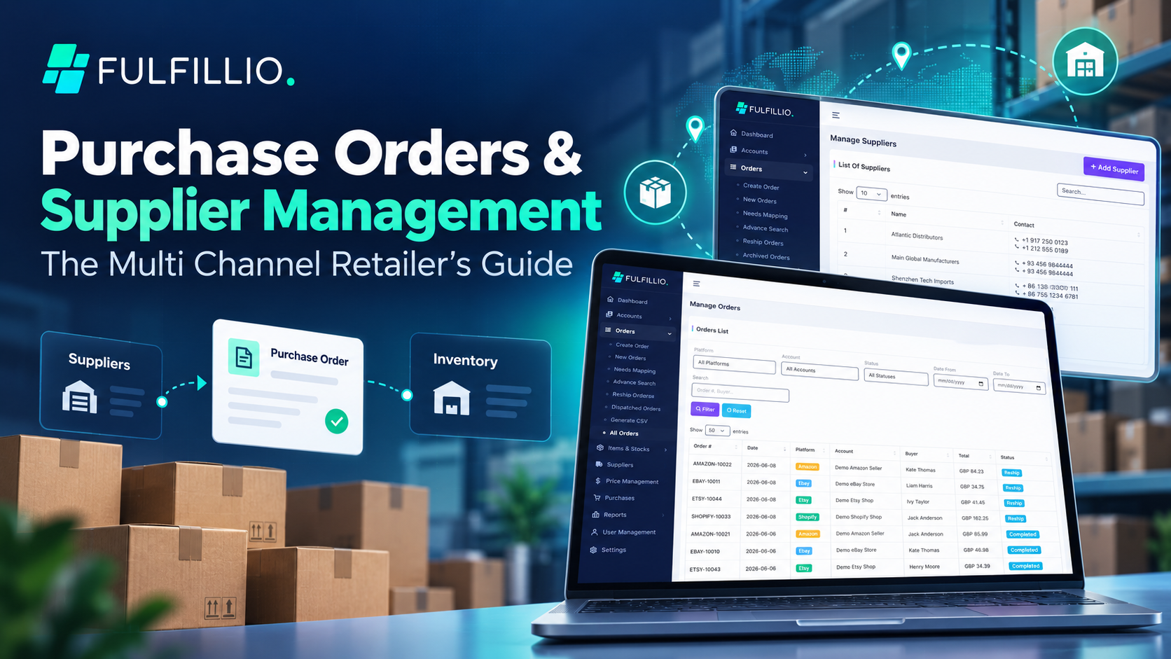Fulfillio purchase order and supplier management dashboard for multi channel retail inventory management