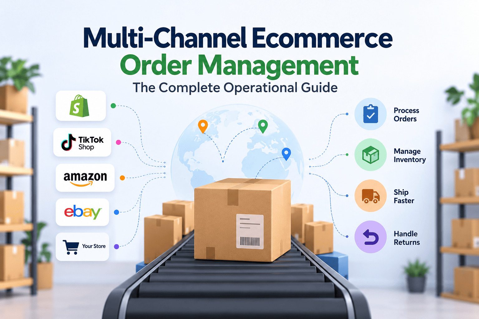 Multi channel ecommerce order management workflow showing online sales channels connected to centralized order processing, inventory management, shipping, and returns.