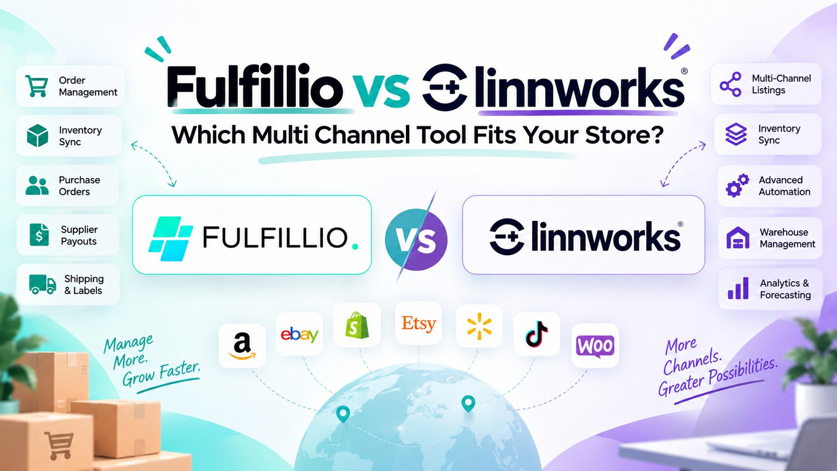 Fulfillio vs Linnworks comparison for multi channel order management, inventory sync, pricing, integrations, and shipping