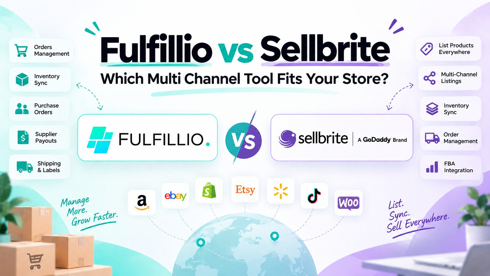 Fulfillio vs Sellbrite comparison showing multi channel ecommerce order management, inventory sync, listings, shipping, and fulfillment features