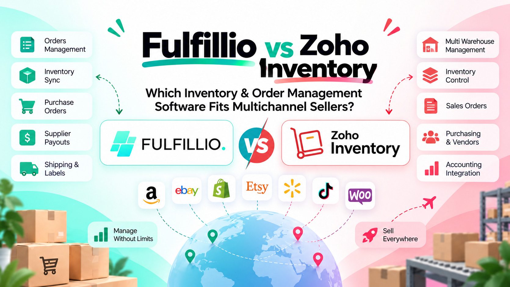 Fulfillio vs Zoho Inventory comparison for multichannel ecommerce sellers, featuring inventory management, order management, shipping, purchasing, and warehouse management