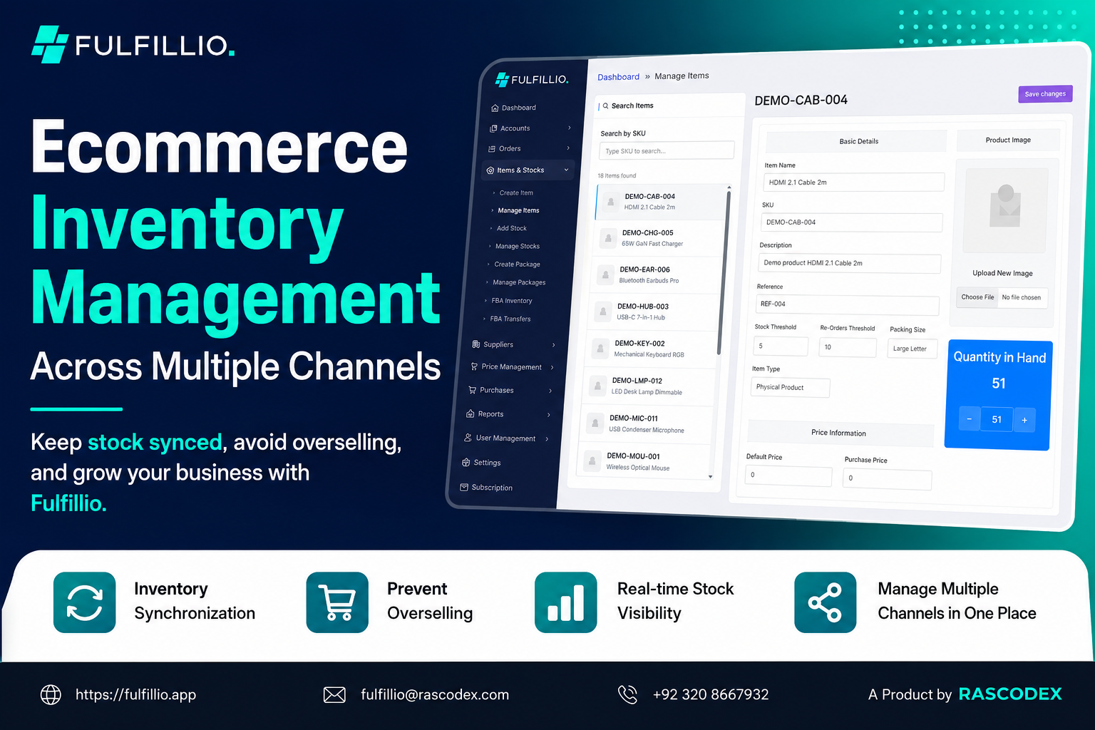 Fulfillio ecommerce inventory management dashboard showing inventory synchronization, real time stock visibility, overselling prevention, and multi channel inventory management.