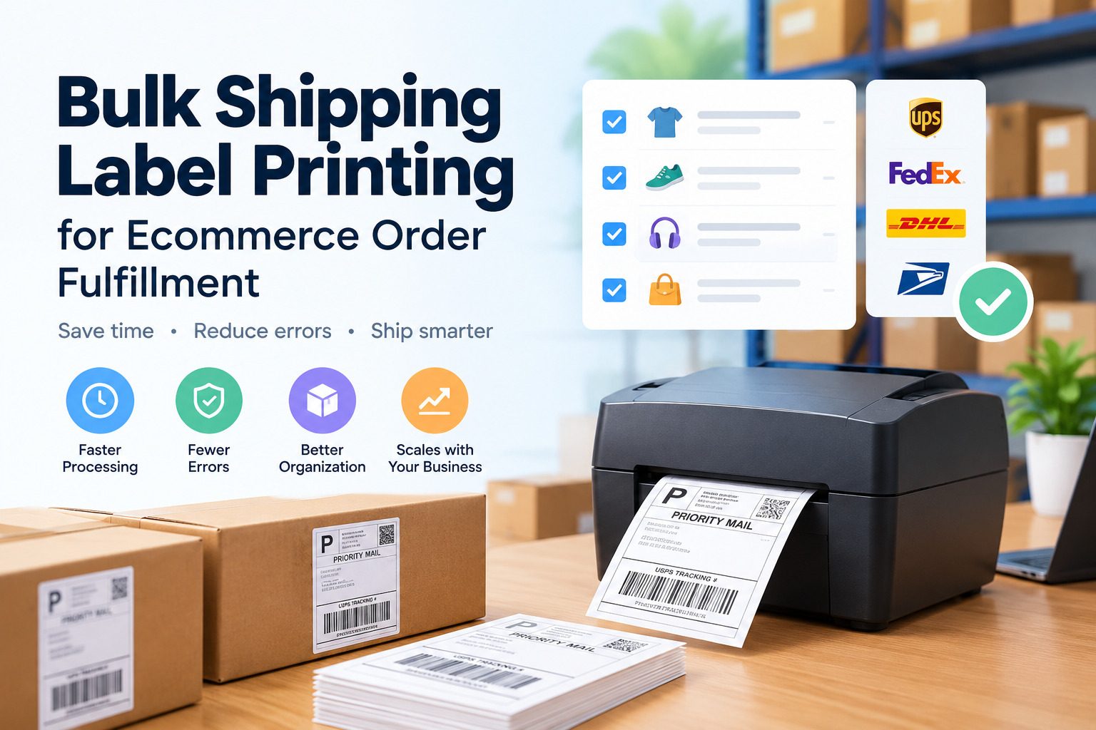 Bulk shipping label printing for ecommerce order fulfillment, showing a thermal label printer, shipping packages, and organized batch labels.