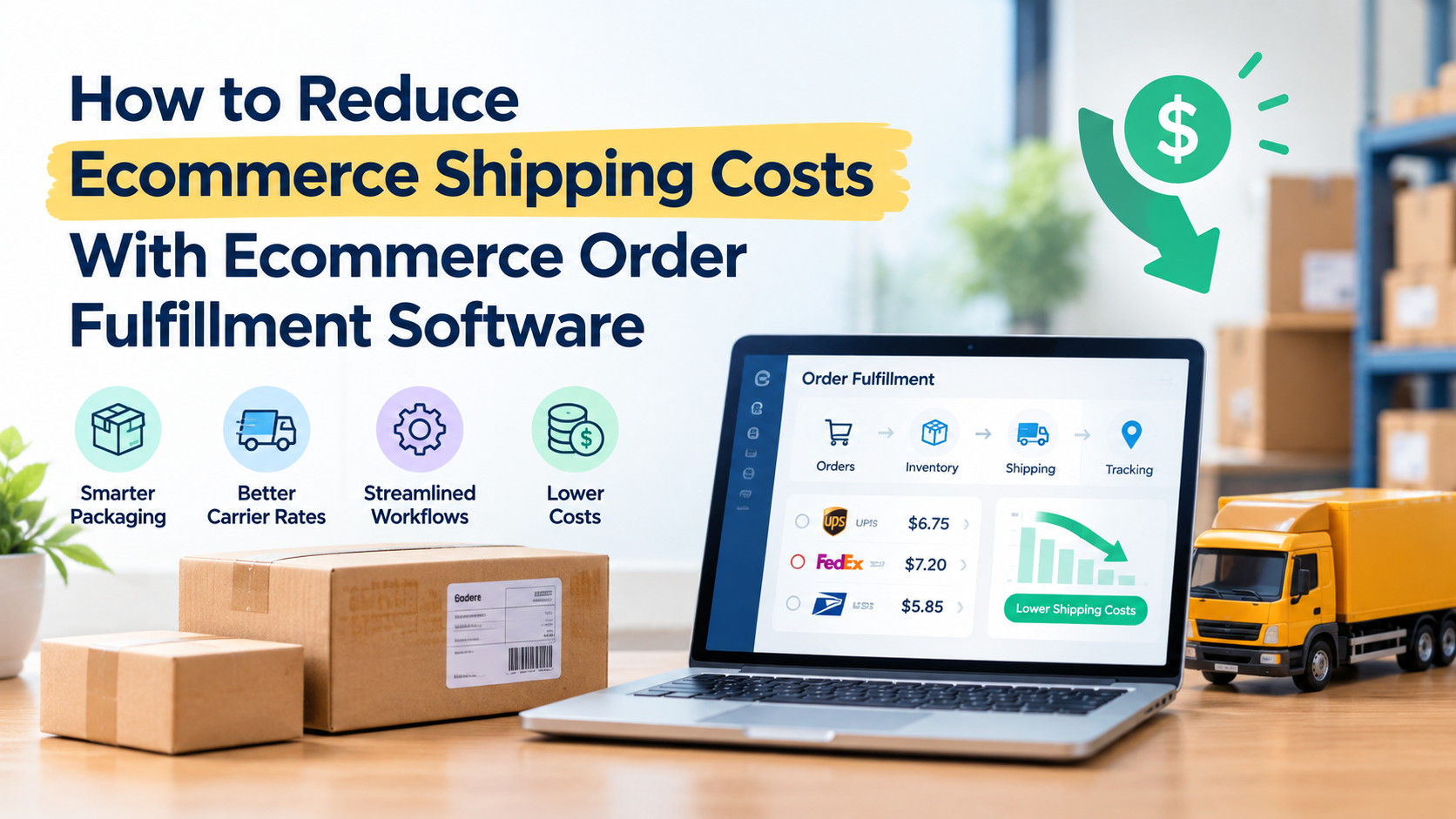 Ecommerce order fulfillment software dashboard showing shipping rate comparison, smarter packaging, streamlined workflows, and lower ecommerce shipping costs with packages and a delivery truck.