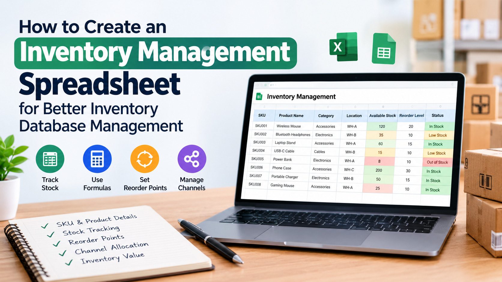 Inventory management spreadsheet showing SKU tracking, stock levels, reorder points, and multichannel inventory database management on a laptop.