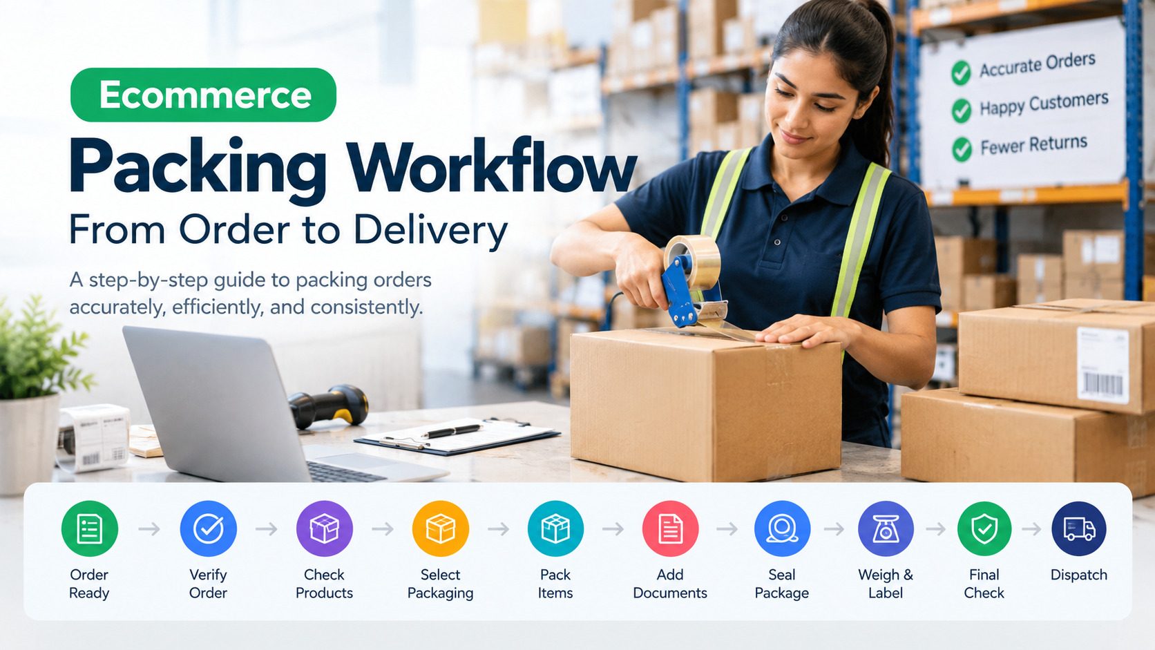 Ecommerce packing workflow showing the steps from order verification and product checking to packaging, labeling, final quality check, and dispatch.
