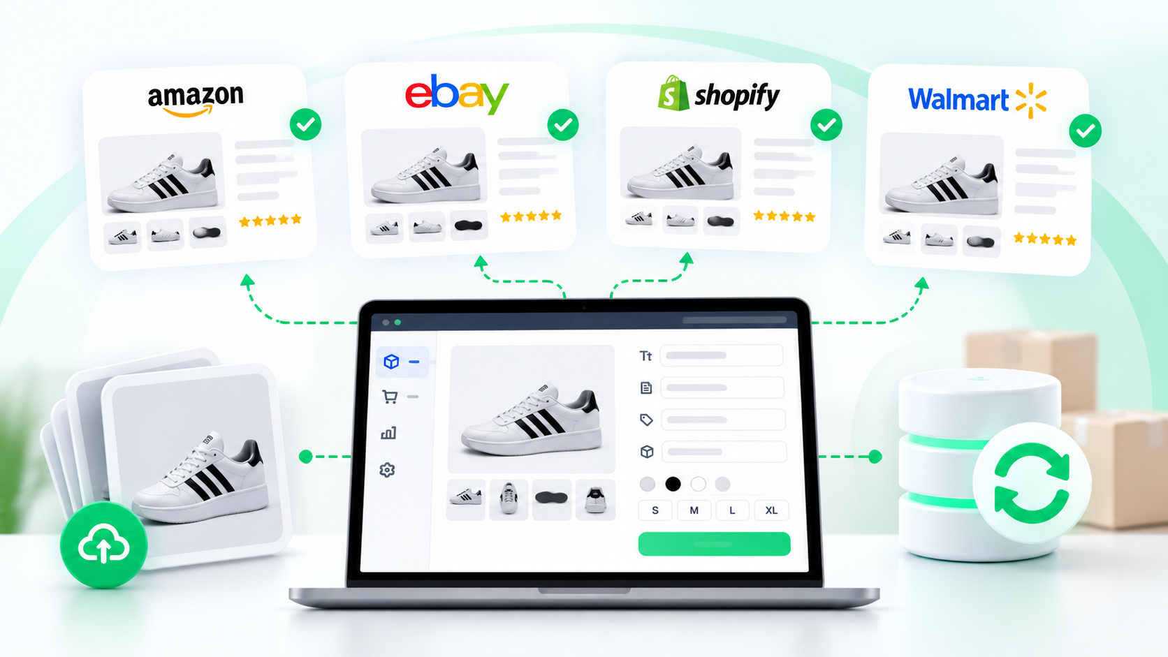 Centralized ecommerce dashboard syncing consistent product images and listing data across Amazon, eBay, Shopify, and Walmart