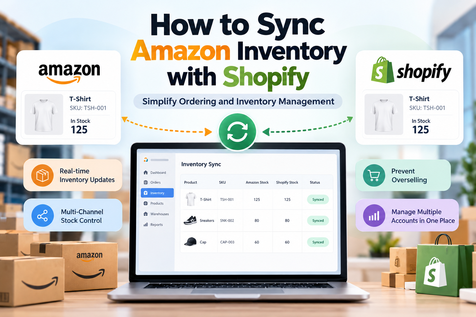 Infographic showing how to sync Amazon inventory with Shopify using automated stock updates, centralized ordering and inventory management, and multi-channel inventory synchronization.