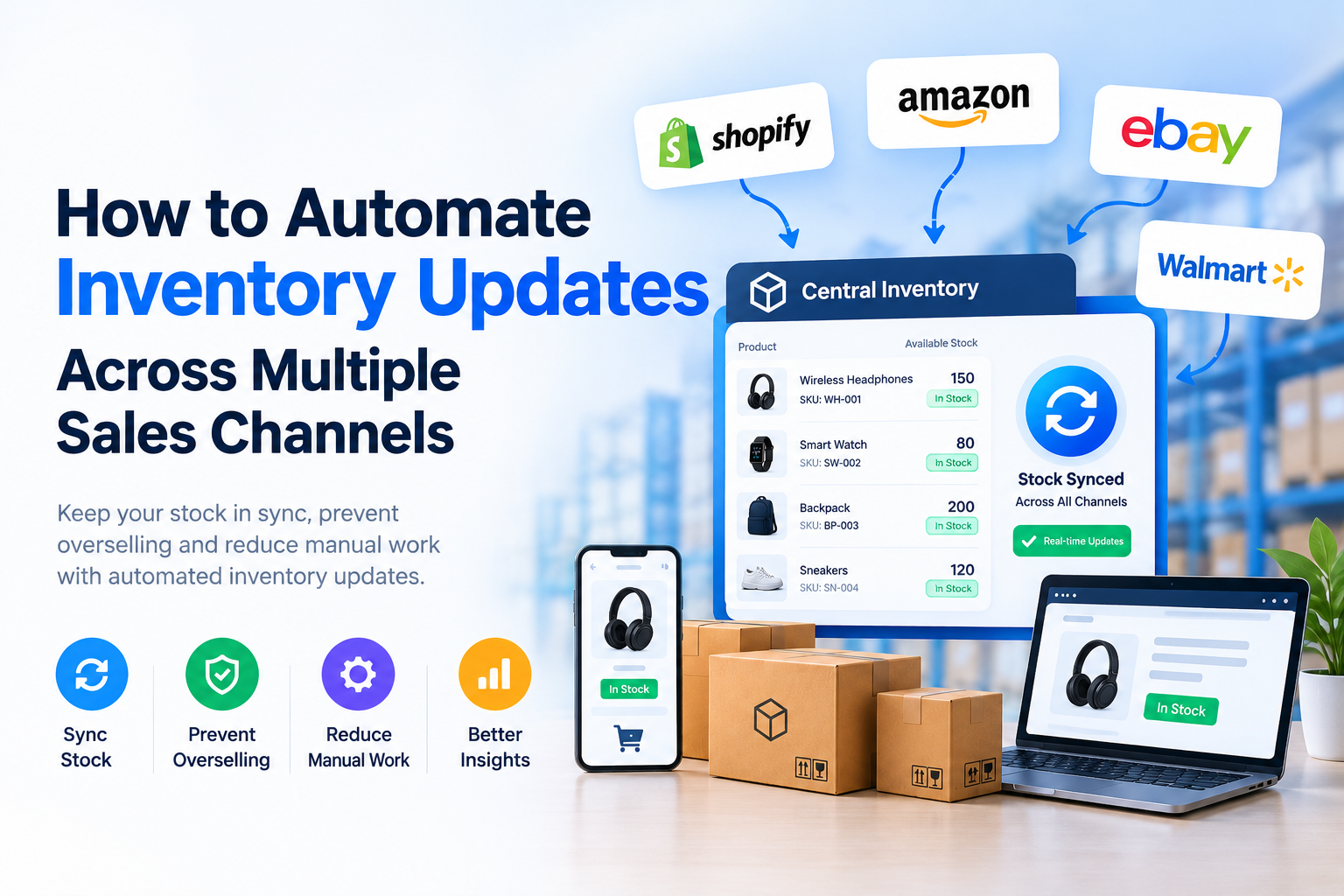 How to automate inventory updates across multiple sales channels, showing Shopify, Amazon, eBay, and Walmart connected to a central inventory dashboard for real-time stock synchronization, overselling prevention, and efficient ecommerce inventory manageme
