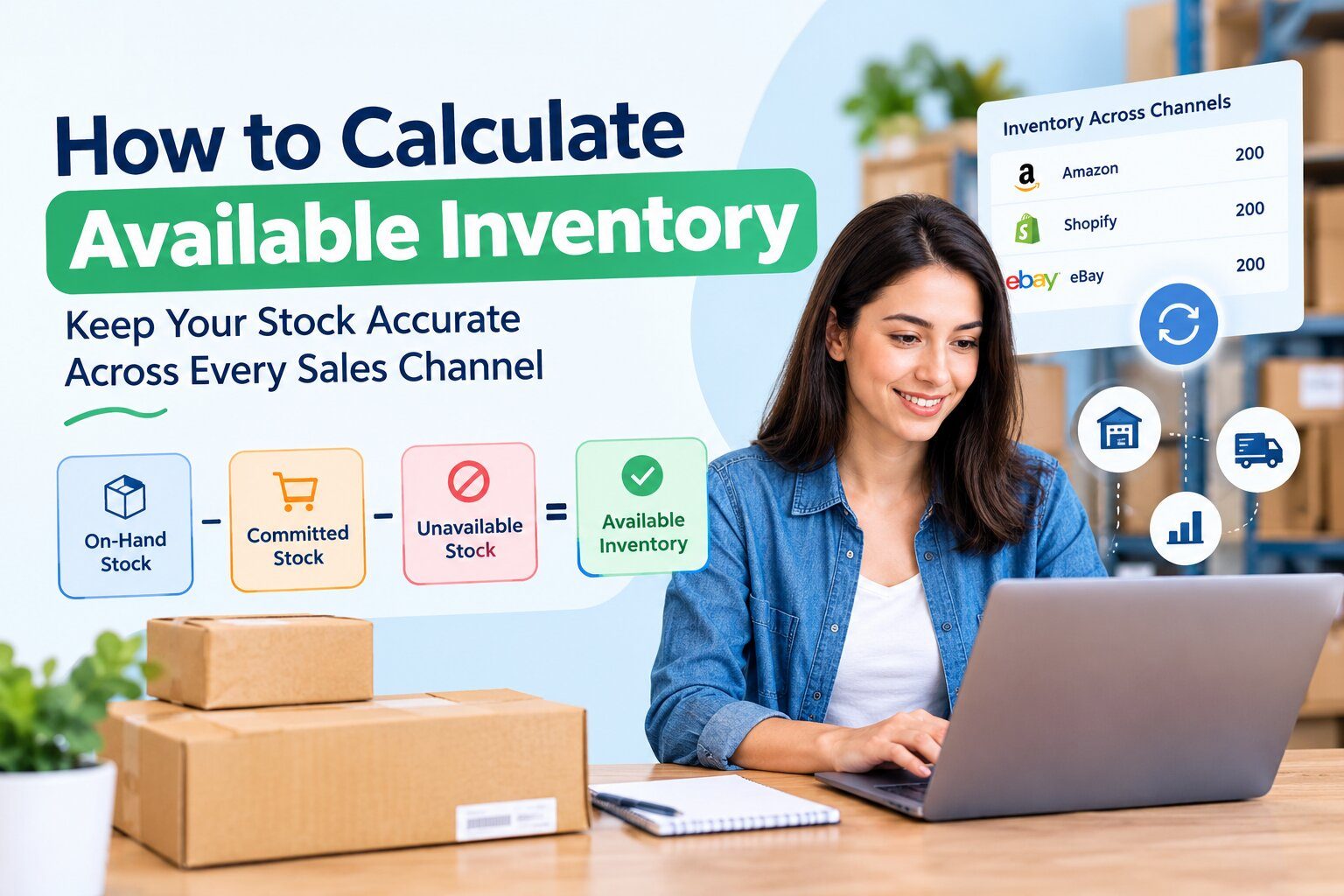 How to calculate available inventory using on-hand stock, committed stock, and unavailable stock, with an ecommerce inventory dashboard showing multiple sales channels.