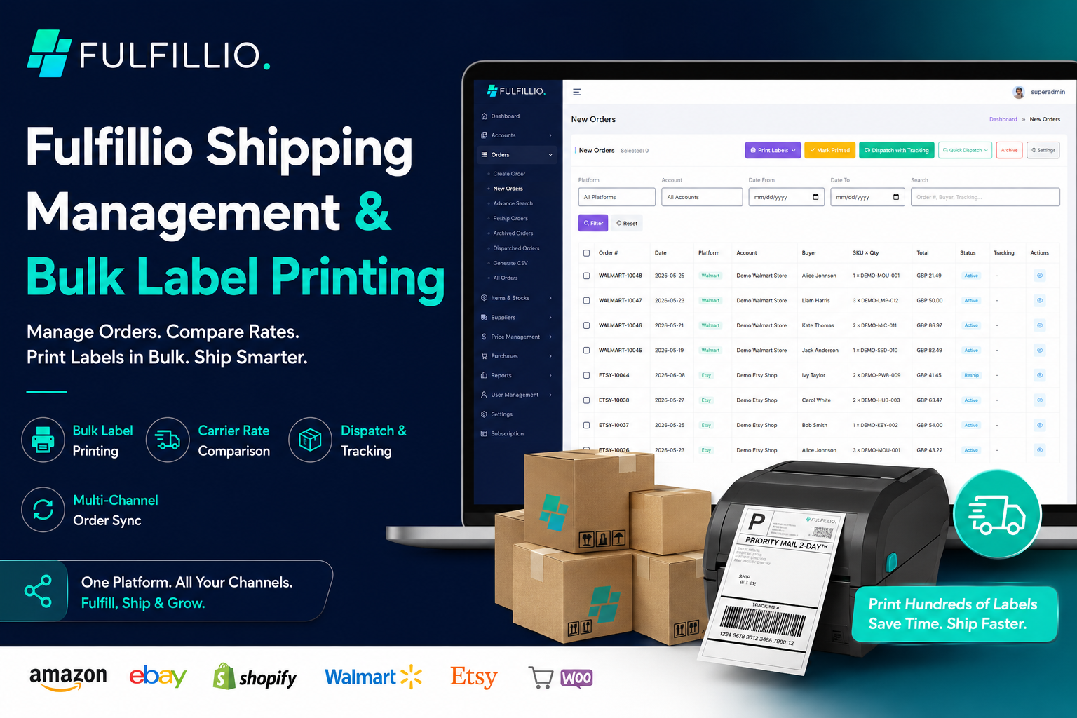 Fulfillio shipping management dashboard with bulk label printing, carrier rate comparison, multi channel order management, and shipment tracking.