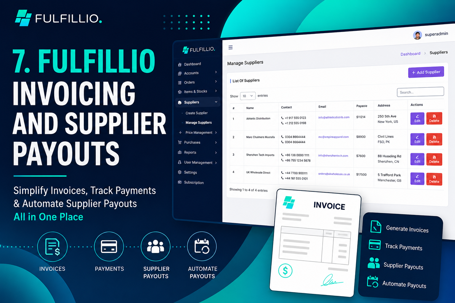 Fulfillio invoicing and supplier payouts dashboard showing supplier management, invoice generation, payment tracking, and automated supplier payouts in one place.