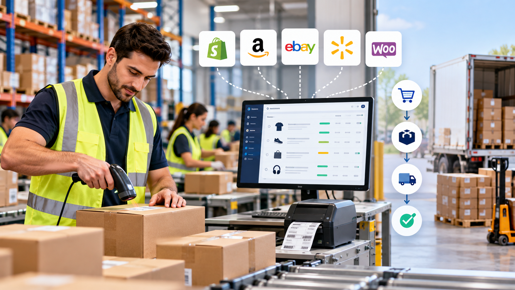 High volume ecommerce order fulfillment in a busy warehouse with barcode scanning, packing, shipping, and multi channel order management