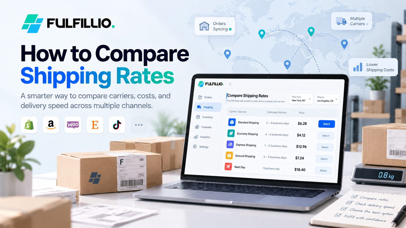 Fulfillio blog banner showing how to compare shipping rates across multiple carriers, with a laptop dashboard, shipping boxes, and multi-channel ecommerce icons.