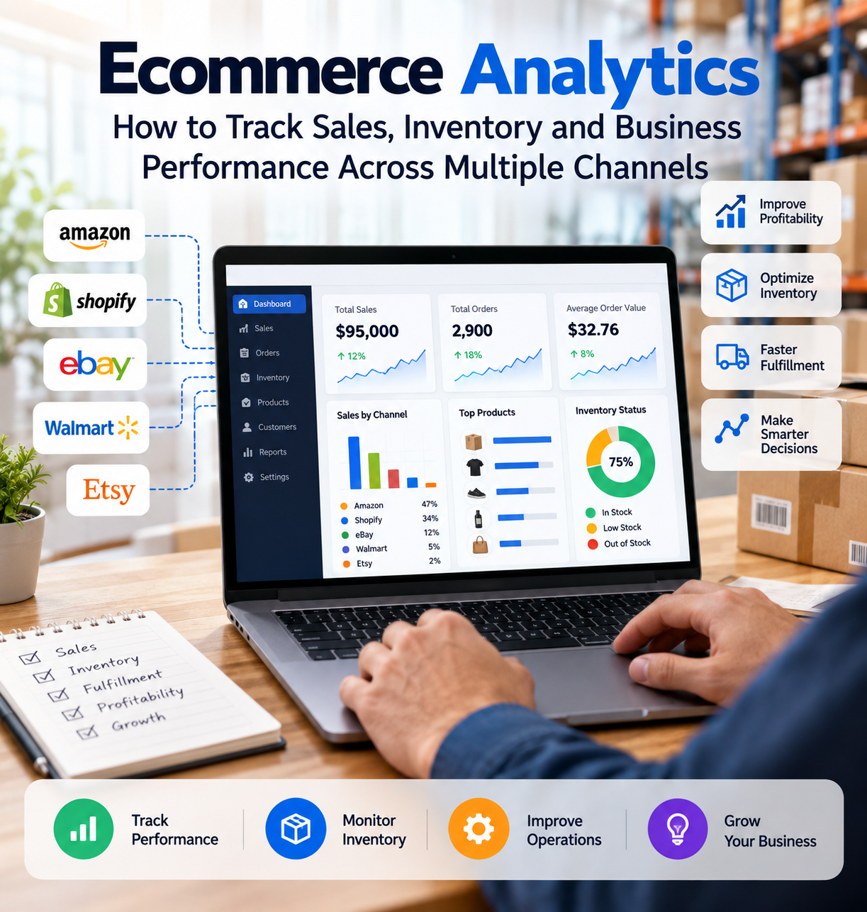 Ecommerce analytics dashboard displaying sales reports, order performance, inventory levels and marketplace data across Amazon, Shopify, eBay, Walmart and Etsy.