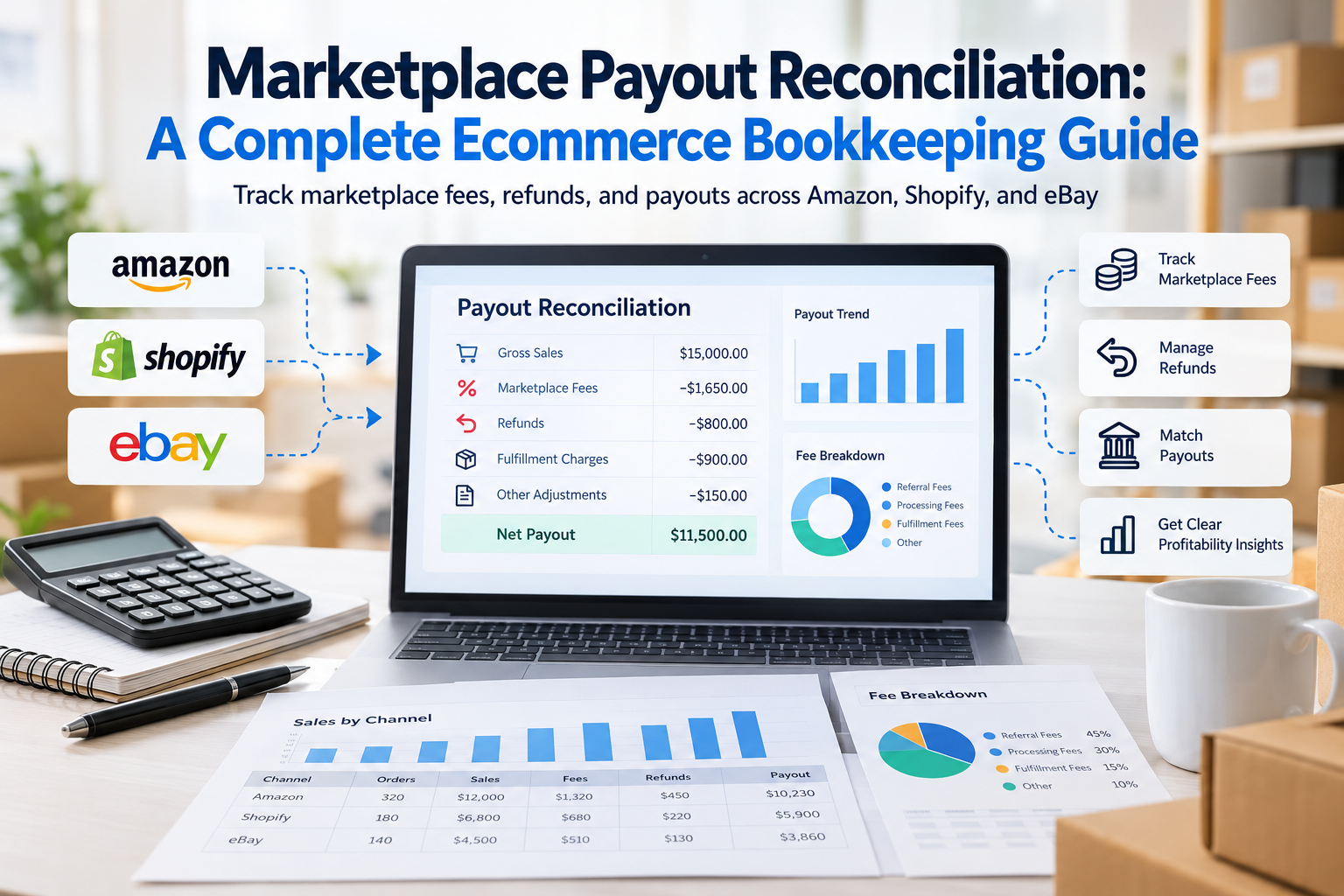 Marketplace payout reconciliation dashboard showing Amazon, Shopify, and eBay sales, marketplace fees, refunds, and bank payouts.