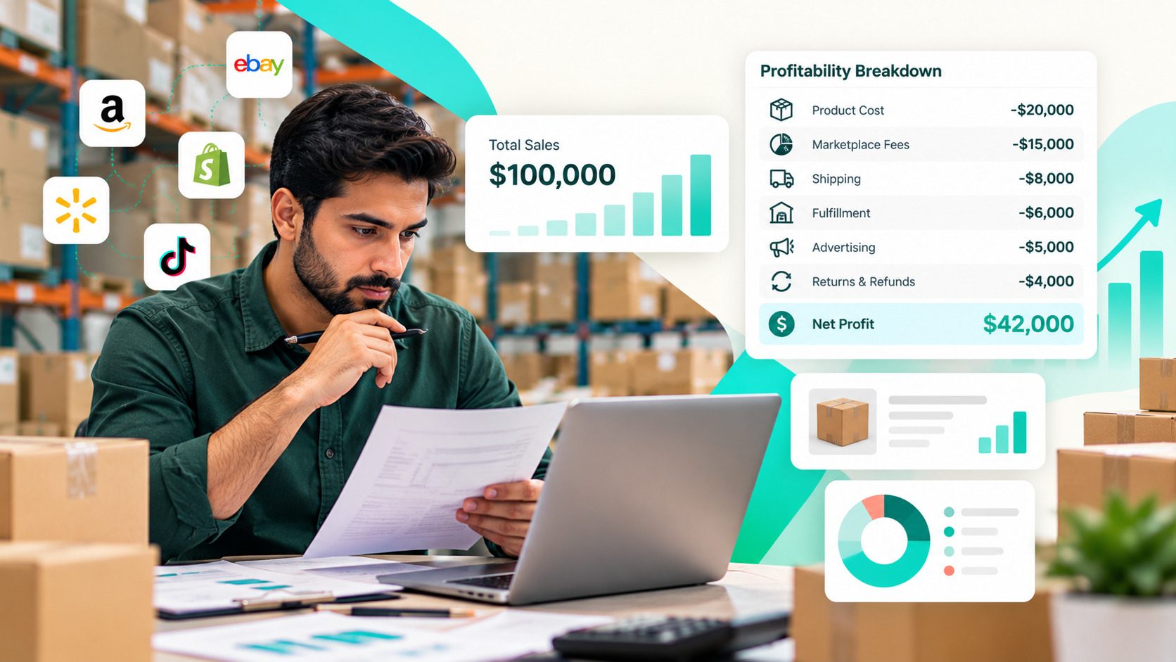 Marketplace profitability analysis dashboard showing sales, profit margins, marketplace performance, costs, shipping, fulfillment, advertising, and returns across Amazon, Shopify, eBay, and Walmart.