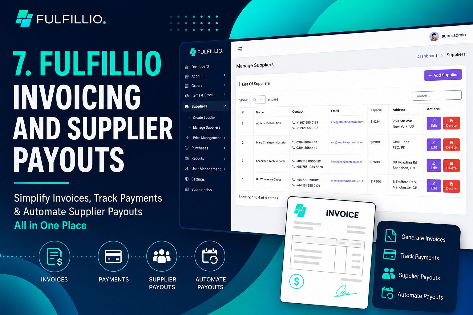 Fulfillio invoicing and supplier payouts dashboard showing supplier management, invoice generation, payment tracking, and automated supplier payouts in one place.