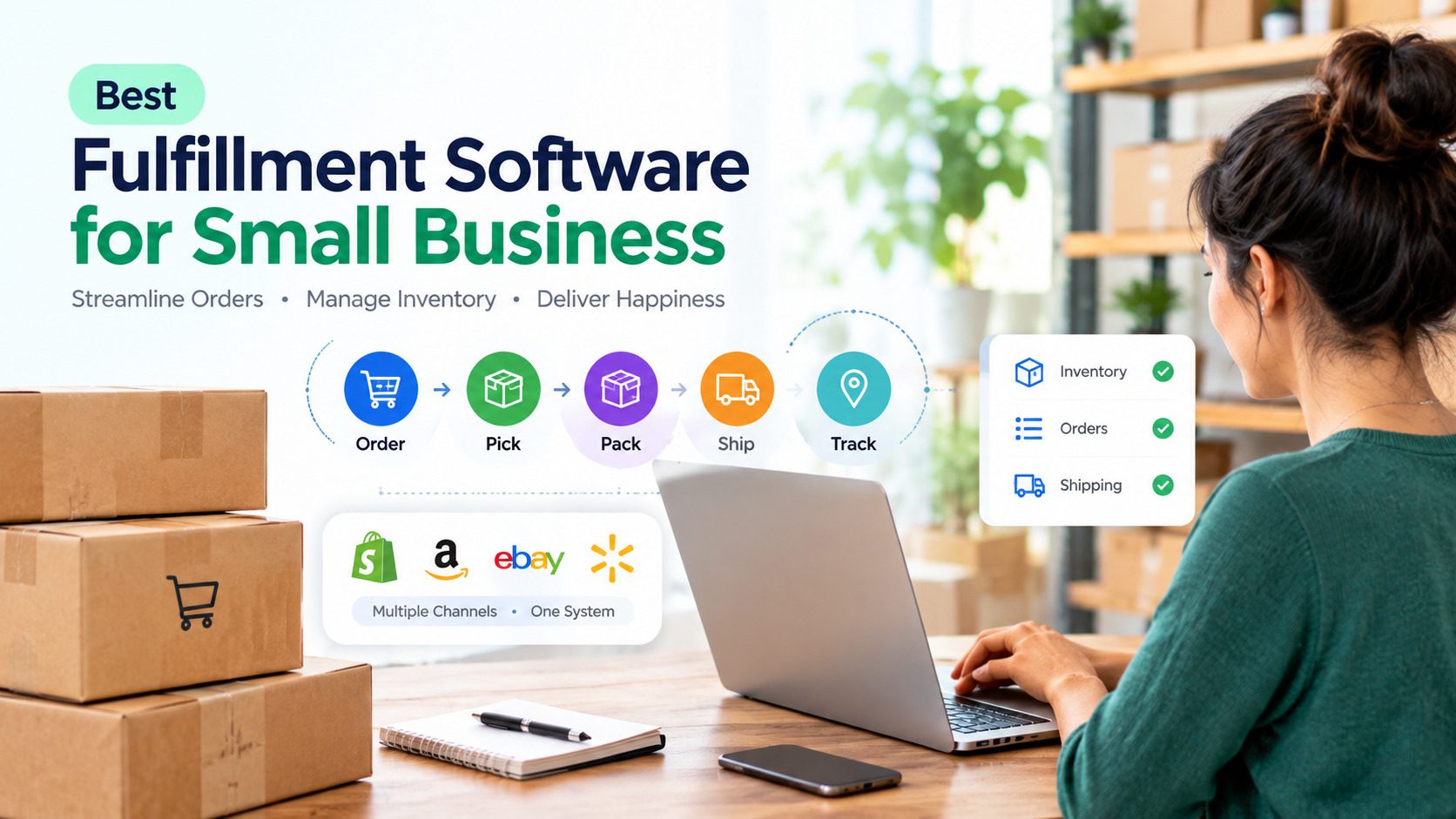 Fulfillment software for small business showing ecommerce order, inventory, picking, packing, shipping, and tracking workflows across multiple sales channels.