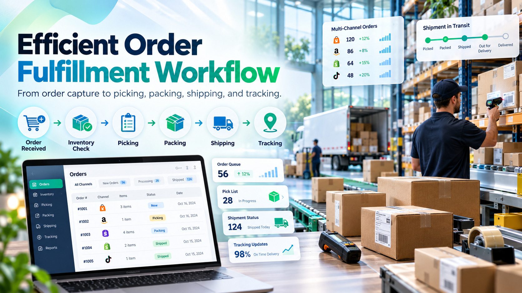 Efficient order fulfillment workflow showing multi-channel order processing, inventory checks, picking, packing, shipping, and tracking in a modern warehouse.
