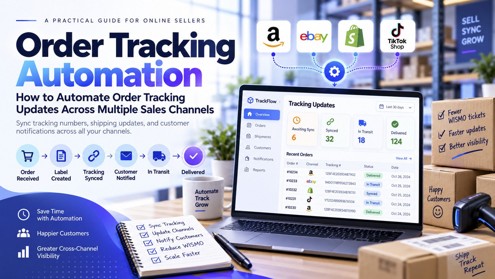 Order tracking automation dashboard for Amazon, eBay, Shopify and TikTok Shop with tracking sync, shipping updates and customer notifications.