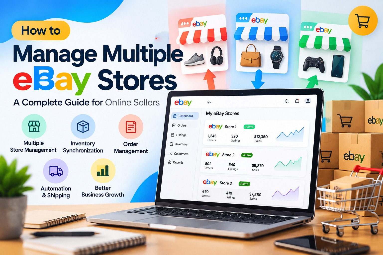 Manage multiple eBay stores with centralized ecommerce management, inventory synchronization, order processing, marketplace automation, and shipping workflow dashboard.