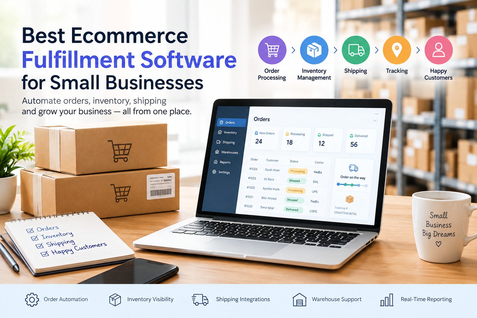 Best ecommerce fulfillment software for small businesses showing automated order processing, inventory management, shipping, tracking, and warehouse operations.