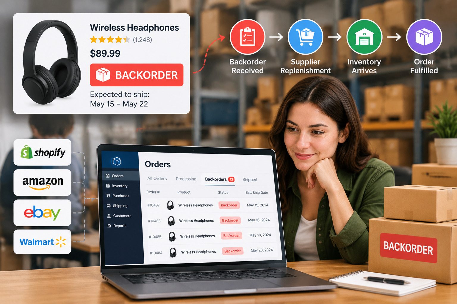 Backorder management workflow showing ecommerce orders, inventory replenishment, supplier restocking, and order fulfillment process across multiple sales channels.