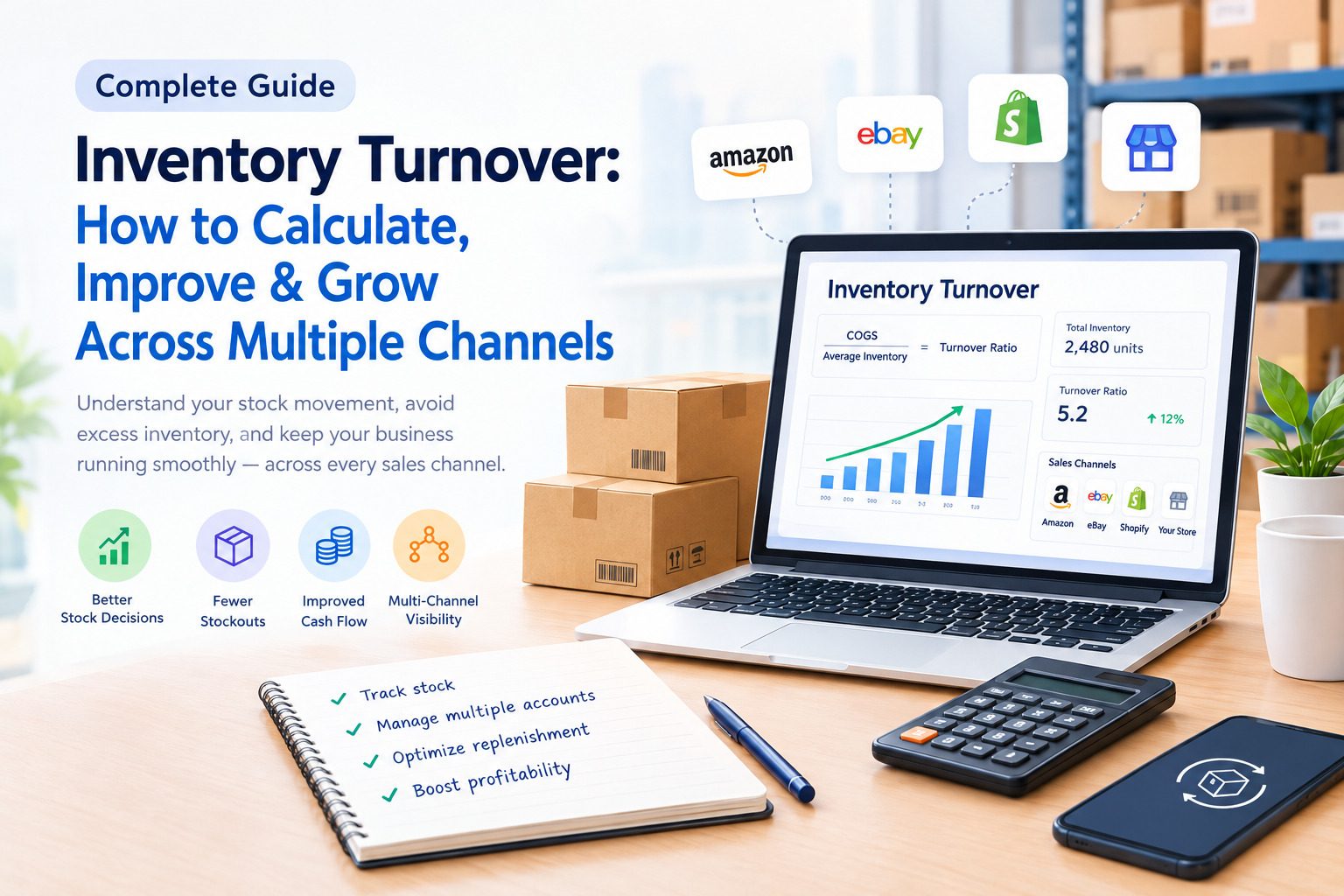 Inventory turnover guide showing ecommerce stock analytics across Amazon, eBay, Shopify, and multiple sales channels