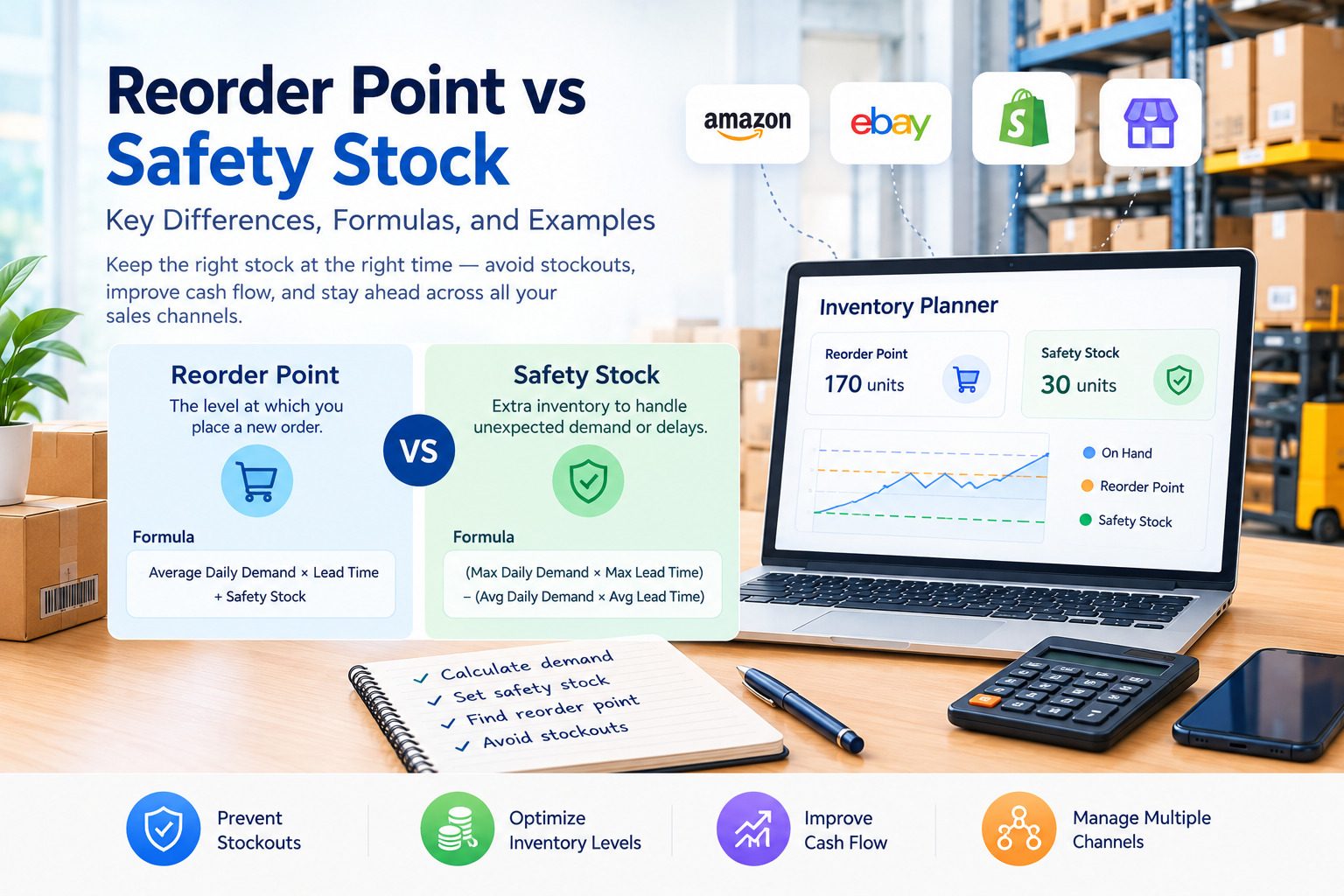 Reorder point vs safety stock infographic comparing inventory replenishment formulas, safety stock buffers, warehouse inventory, and multi-channel ecommerce stock management.
