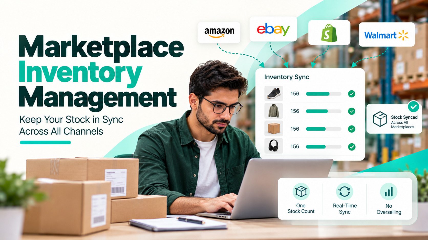 Marketplace inventory management showing an ecommerce seller synchronizing product stock across Amazon, eBay, Shopify, and Walmart using a centralized inventory dashboard.