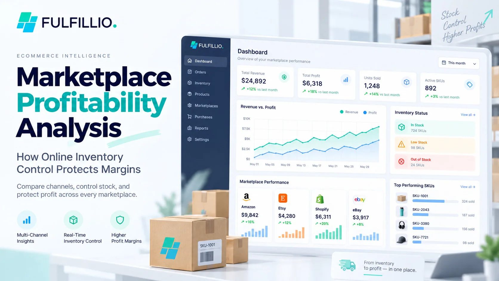 Marketplace profitability analysis dashboard showing online inventory control, revenue, profit, stock levels, top SKUs, and multi-channel marketplace performance with Fulfillio.