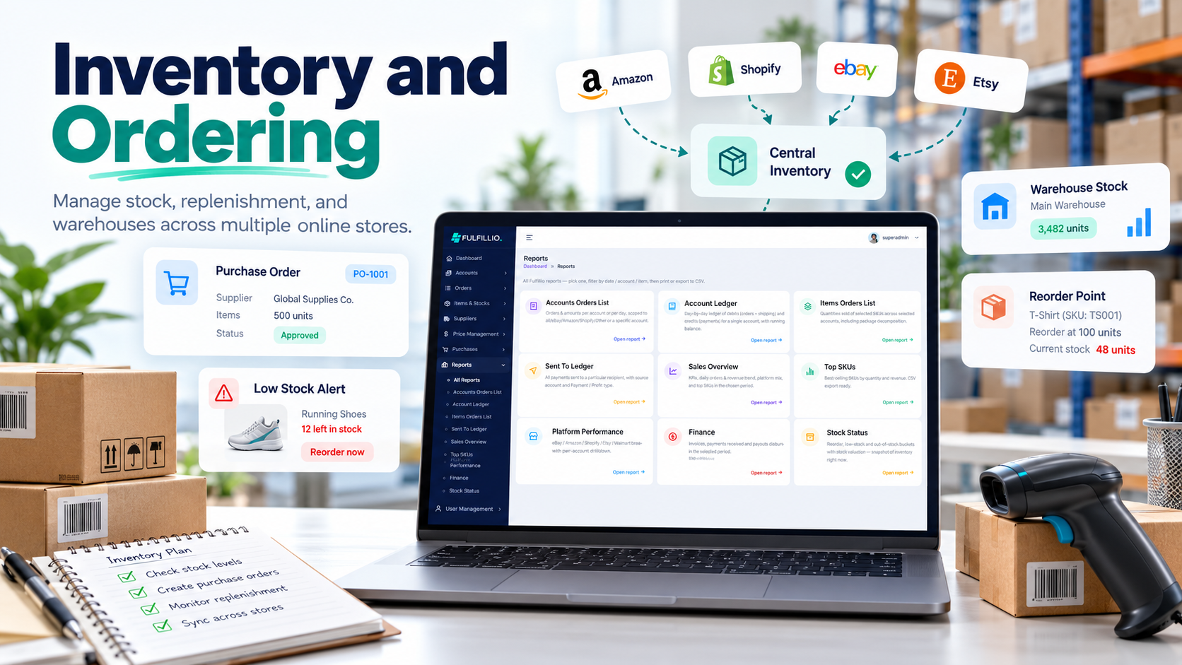 Inventory and ordering dashboard managing stock, purchase planning, warehouse inventory, and product availability across multiple online stores