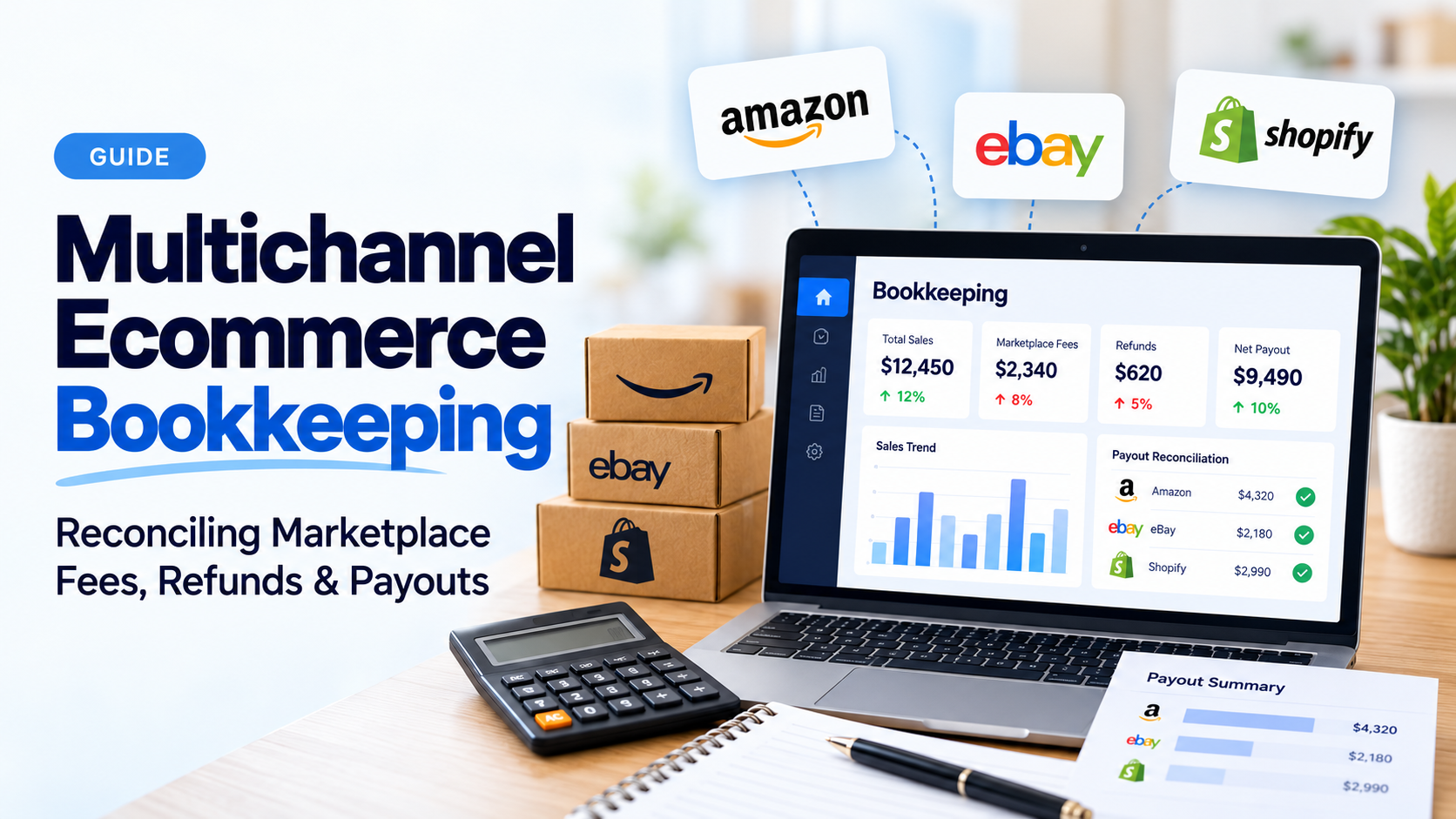Multichannel ecommerce bookkeeping dashboard showing Amazon, eBay, and Shopify sales, marketplace fees, customer refunds, and payout reconciliation.