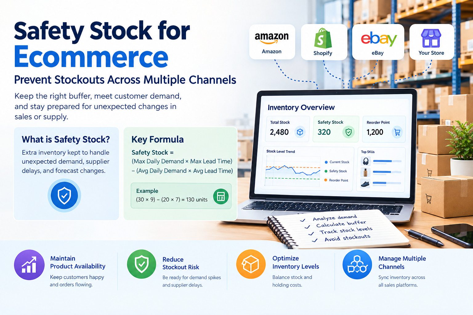 Safety stock for ecommerce infographic showing the safety stock formula, inventory dashboard, warehouse stock, and multi-channel inventory management to help online sellers prevent stockouts.